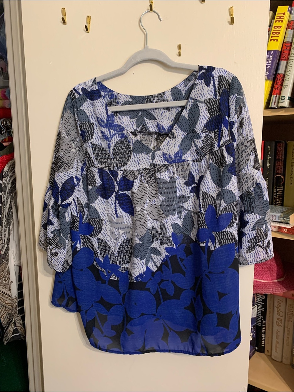 new directions Blue and Gray Floral Tiered Blouse